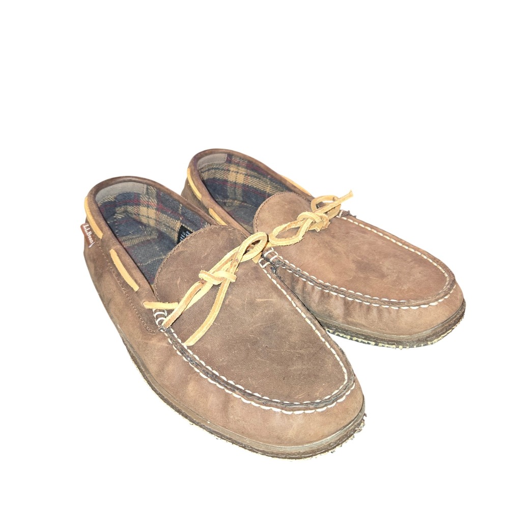 L.L. Bean Handsewn Slippers Mens 10 Brown Flannel Lined Leather Slip Ons 212164
